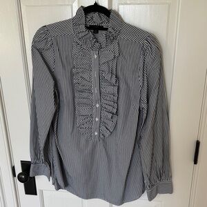 J Crew Women's Black & White Striped Ruffle-Front Shirt